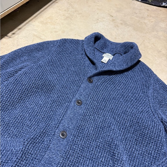 L.L. Bean Organic Cotton Waffle Cardigan Sweater Size XL Blue Shawl Collar - Picture 4 of 8